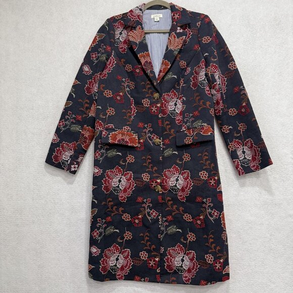 Sundance Coat Womens Small Navy Red Floral Jacquard Topper Lined Notch Lapel - Picture 1 of 8